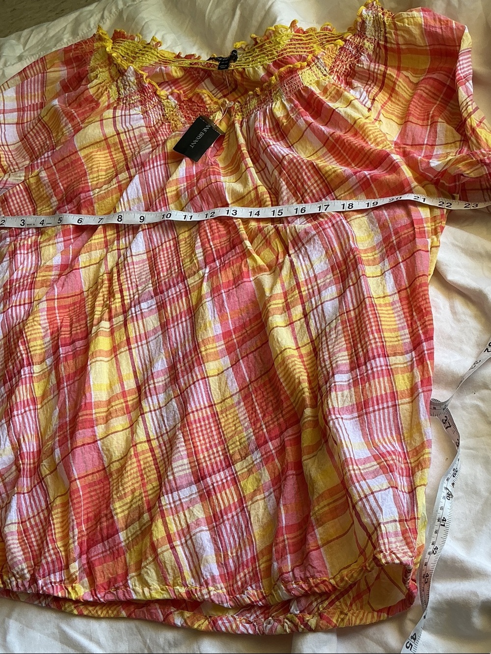 Lane Bryant Yellow & Coral Plaid Peasant Blouse - Picture 7 of 11